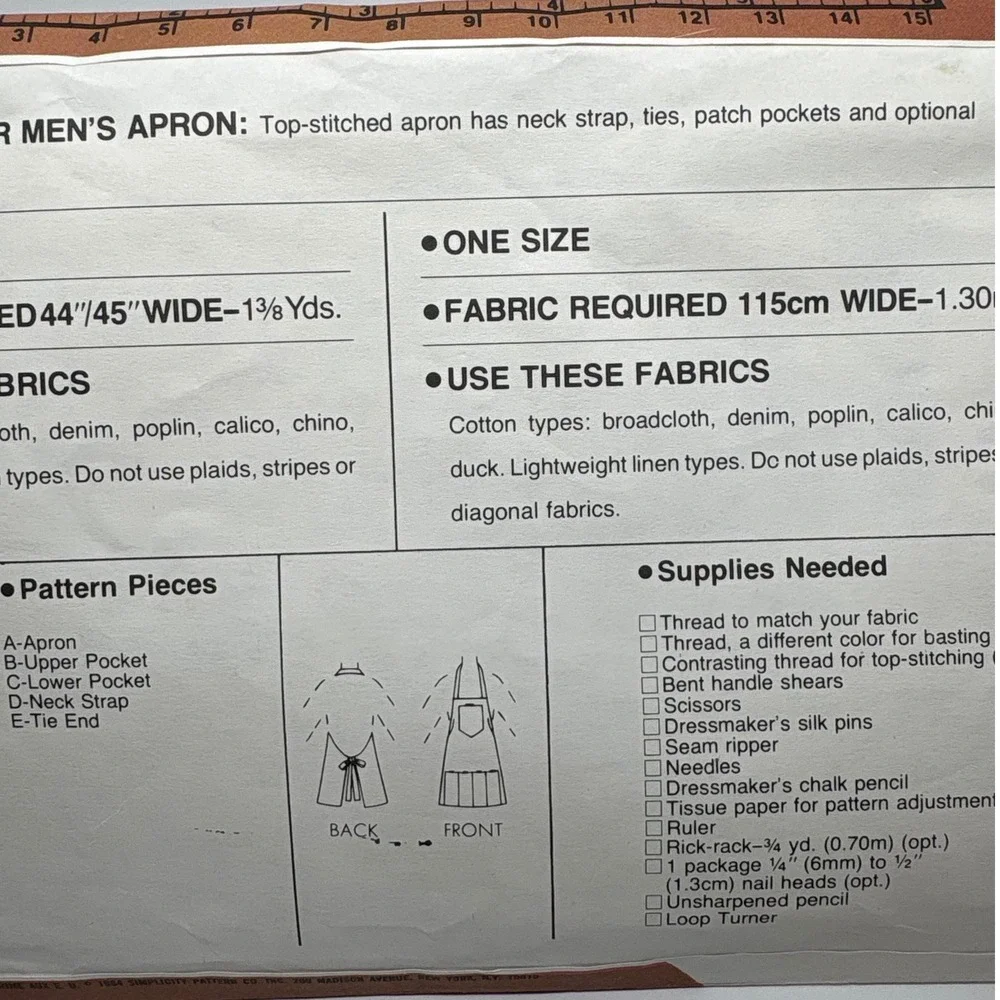Simplicity 6515 Beginner's Choice Level 2 Apron Sewing Pattern Miss Men One Size